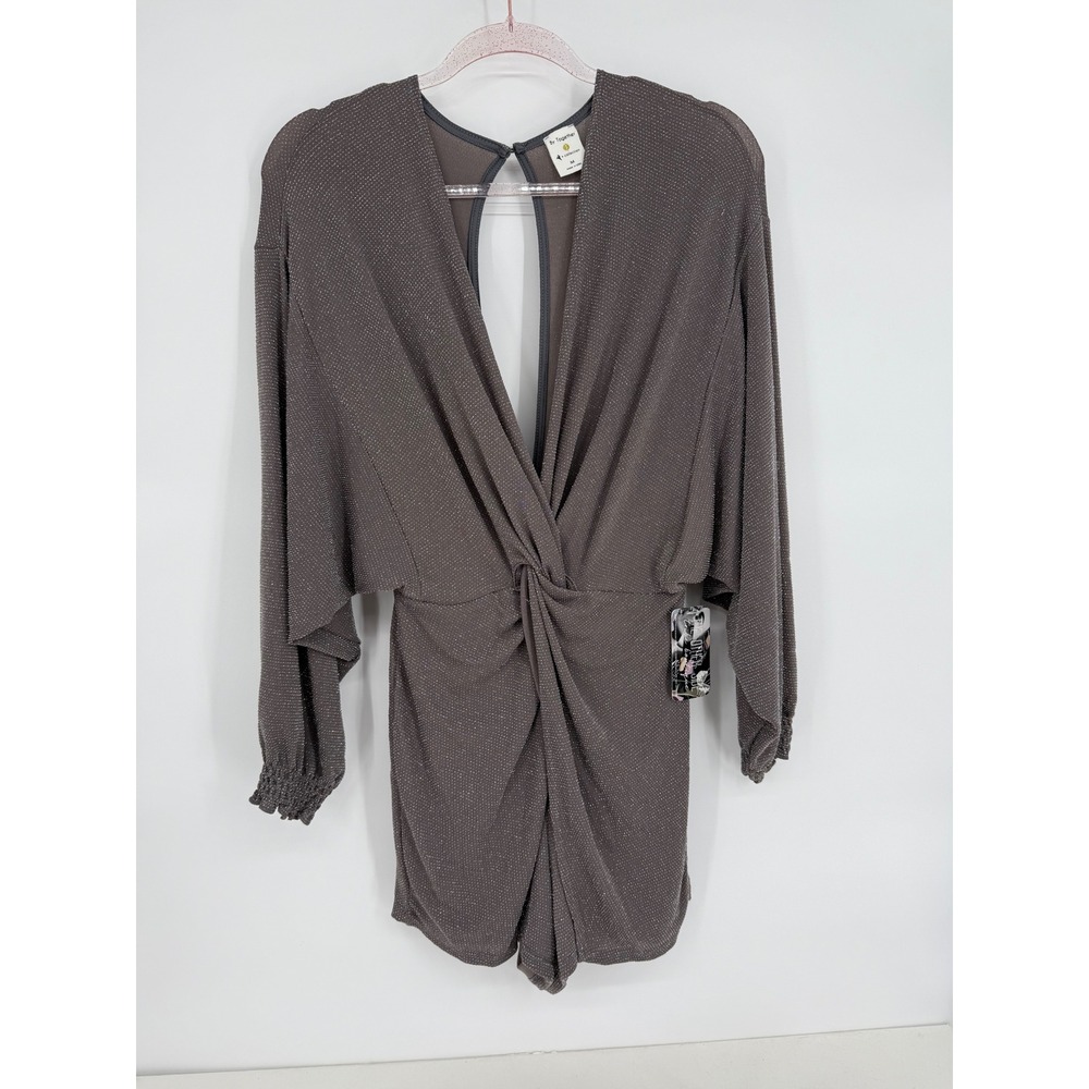 By Together Sparkle Twist Front Romper Taupe Long Sleeve Keyhole Cutout NWT